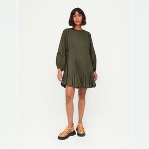 RHODE Forest Green Long Sleeve Pleated Shift Dress With Bishop Sleeves